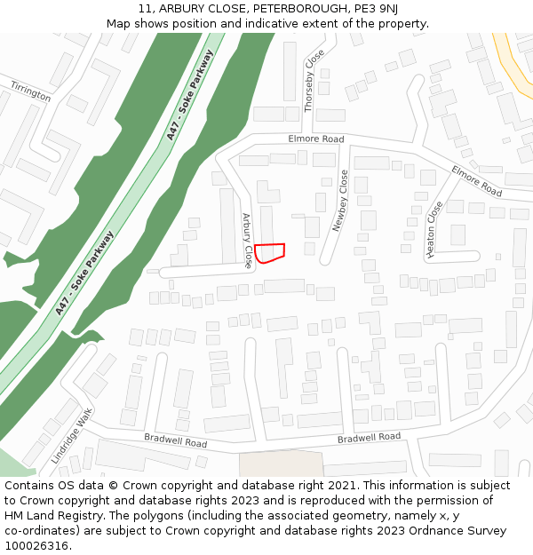 11, ARBURY CLOSE, PETERBOROUGH, PE3 9NJ: Location map and indicative extent of plot