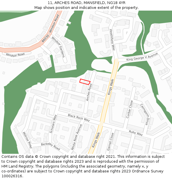 11, ARCHES ROAD, MANSFIELD, NG18 4YR: Location map and indicative extent of plot