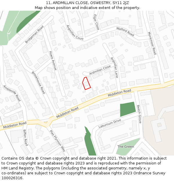 11, ARDMILLAN CLOSE, OSWESTRY, SY11 2JZ: Location map and indicative extent of plot