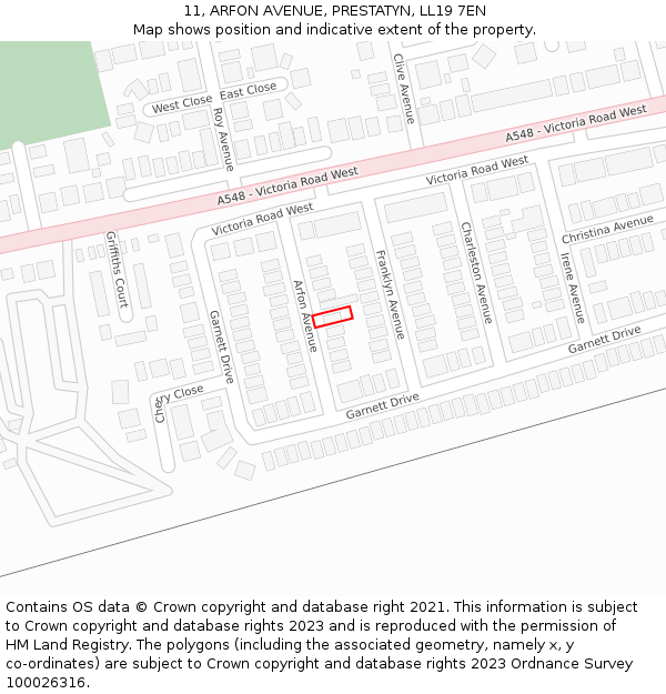 11, ARFON AVENUE, PRESTATYN, LL19 7EN: Location map and indicative extent of plot