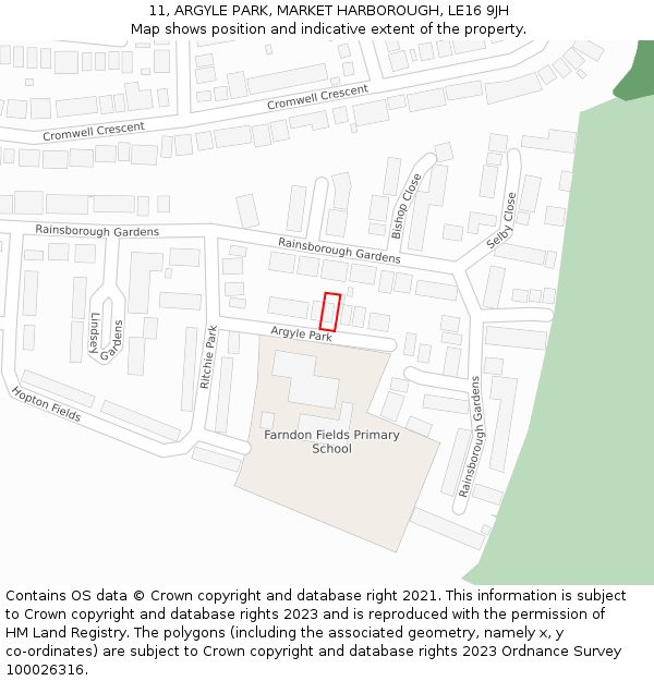 11, ARGYLE PARK, MARKET HARBOROUGH, LE16 9JH: Location map and indicative extent of plot
