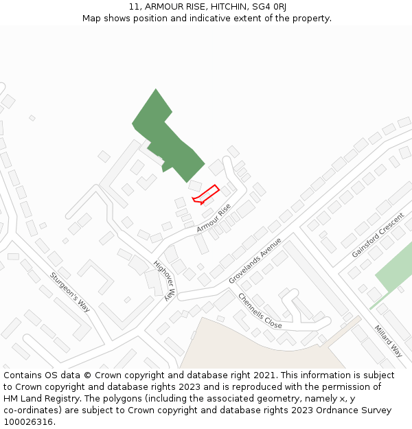 11, ARMOUR RISE, HITCHIN, SG4 0RJ: Location map and indicative extent of plot