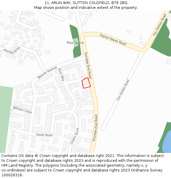 11, ARUN WAY, SUTTON COLDFIELD, B76 2BQ: Location map and indicative extent of plot