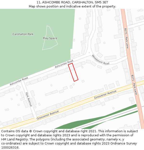 11, ASHCOMBE ROAD, CARSHALTON, SM5 3ET: Location map and indicative extent of plot