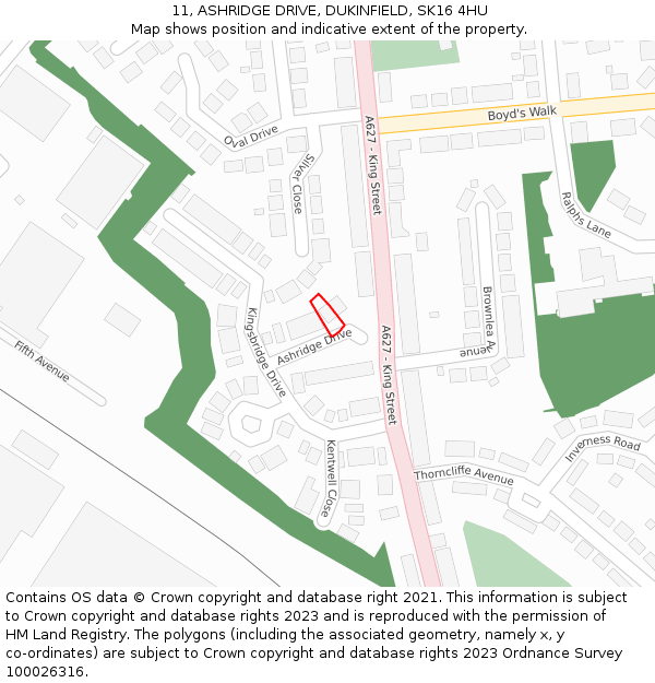 11, ASHRIDGE DRIVE, DUKINFIELD, SK16 4HU: Location map and indicative extent of plot