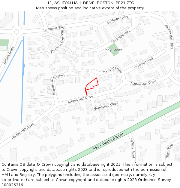 11, ASHTON HALL DRIVE, BOSTON, PE21 7TG: Location map and indicative extent of plot