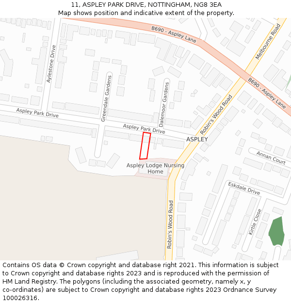 11, ASPLEY PARK DRIVE, NOTTINGHAM, NG8 3EA: Location map and indicative extent of plot