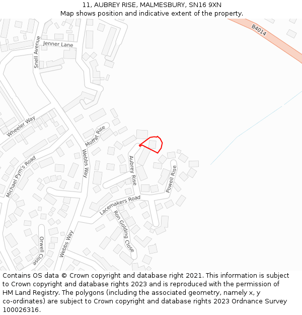 11, AUBREY RISE, MALMESBURY, SN16 9XN: Location map and indicative extent of plot