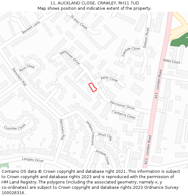 11, AUCKLAND CLOSE, CRAWLEY, RH11 7UD: Location map and indicative extent of plot