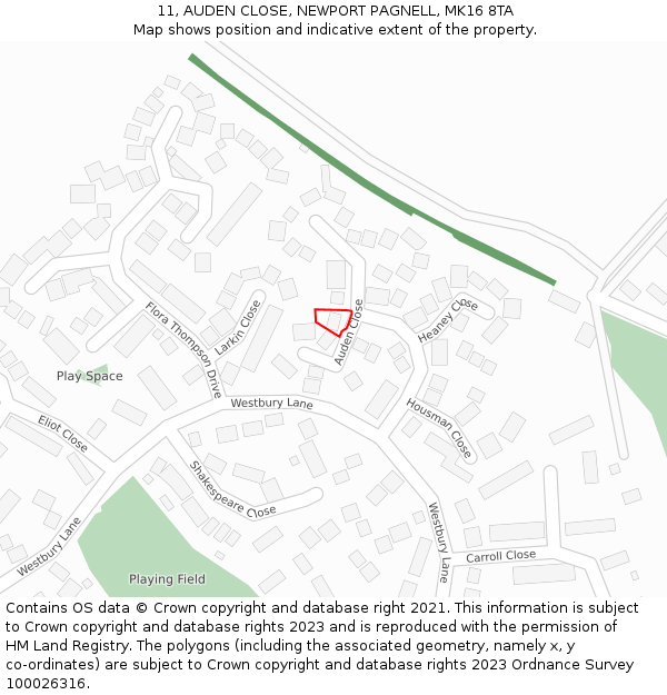 11, AUDEN CLOSE, NEWPORT PAGNELL, MK16 8TA: Location map and indicative extent of plot