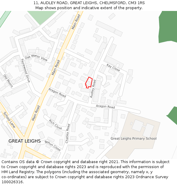 11, AUDLEY ROAD, GREAT LEIGHS, CHELMSFORD, CM3 1RS: Location map and indicative extent of plot