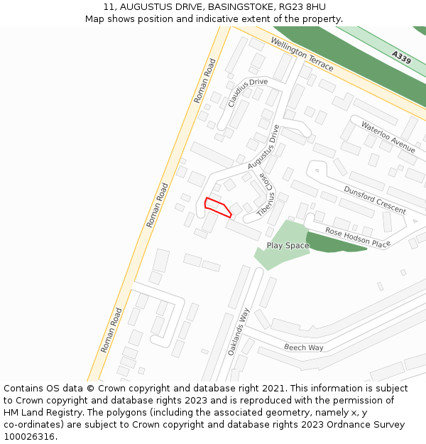 11, AUGUSTUS DRIVE, BASINGSTOKE, RG23 8HU: Location map and indicative extent of plot