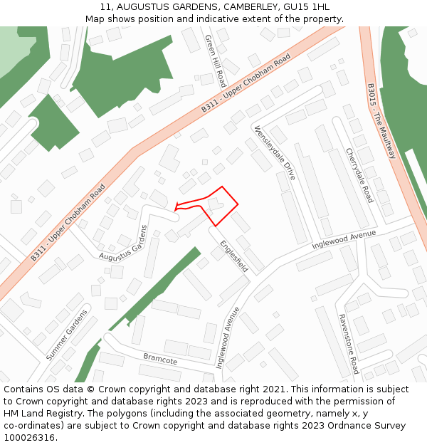 11, AUGUSTUS GARDENS, CAMBERLEY, GU15 1HL: Location map and indicative extent of plot