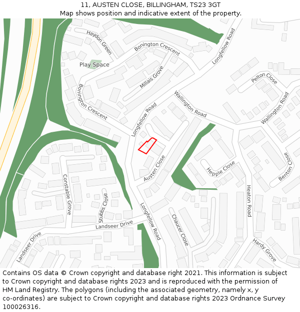 11, AUSTEN CLOSE, BILLINGHAM, TS23 3GT: Location map and indicative extent of plot