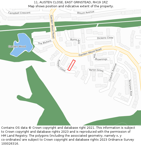 11, AUSTEN CLOSE, EAST GRINSTEAD, RH19 1RZ: Location map and indicative extent of plot