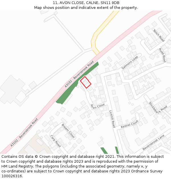 11, AVON CLOSE, CALNE, SN11 9DB: Location map and indicative extent of plot