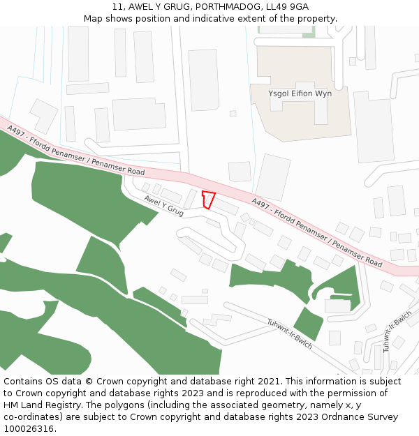 11, AWEL Y GRUG, PORTHMADOG, LL49 9GA: Location map and indicative extent of plot