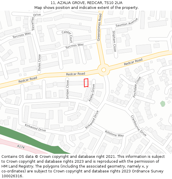 11, AZALIA GROVE, REDCAR, TS10 2UA: Location map and indicative extent of plot