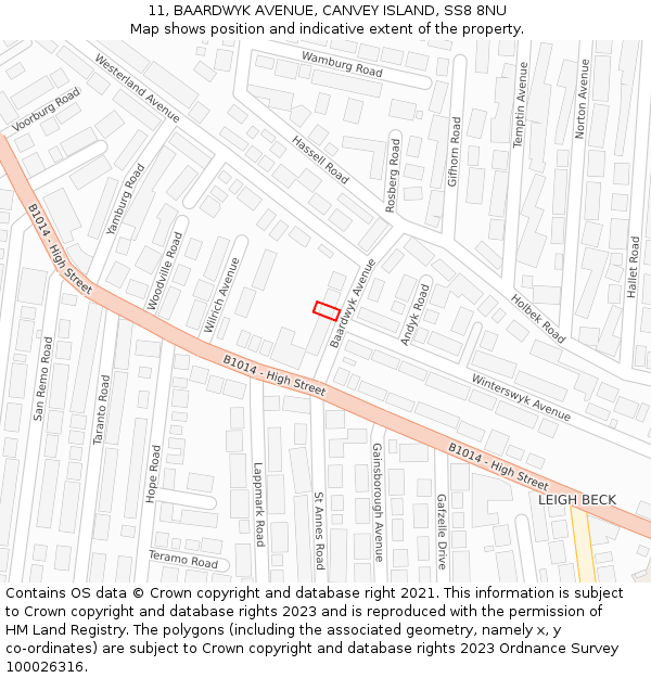 11, BAARDWYK AVENUE, CANVEY ISLAND, SS8 8NU: Location map and indicative extent of plot