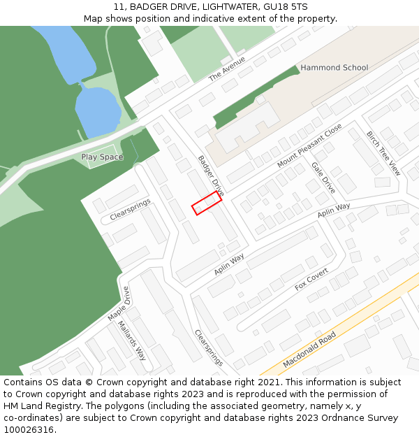 11, BADGER DRIVE, LIGHTWATER, GU18 5TS: Location map and indicative extent of plot