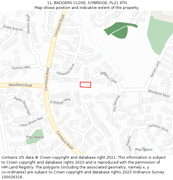 11, BADGERS CLOSE, IVYBRIDGE, PL21 9TN: Location map and indicative extent of plot