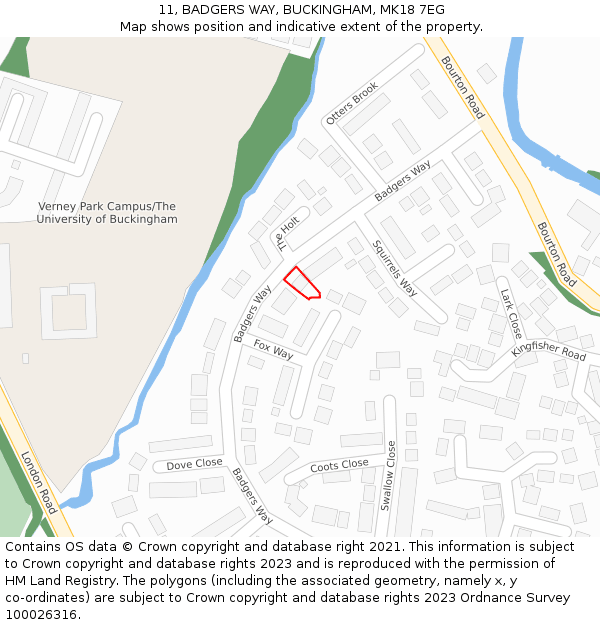 11, BADGERS WAY, BUCKINGHAM, MK18 7EG: Location map and indicative extent of plot