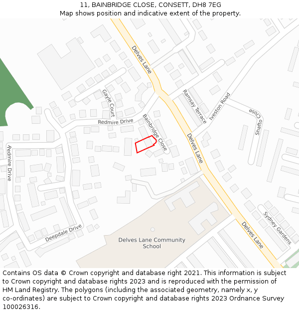 11, BAINBRIDGE CLOSE, CONSETT, DH8 7EG: Location map and indicative extent of plot