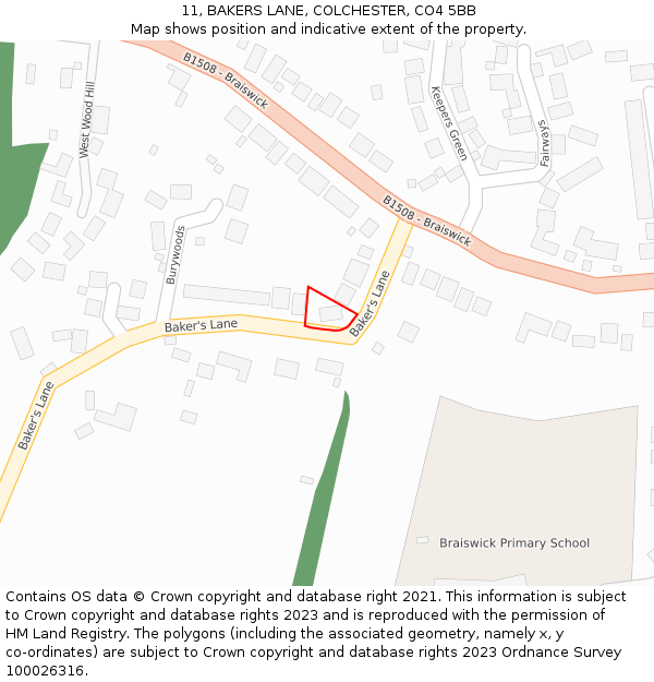 11, BAKERS LANE, COLCHESTER, CO4 5BB: Location map and indicative extent of plot