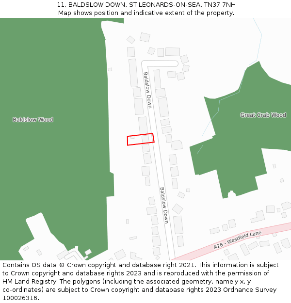 11, BALDSLOW DOWN, ST LEONARDS-ON-SEA, TN37 7NH: Location map and indicative extent of plot