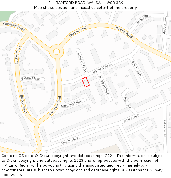11, BAMFORD ROAD, WALSALL, WS3 3RX: Location map and indicative extent of plot