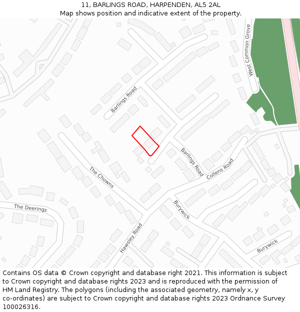 11, BARLINGS ROAD, HARPENDEN, AL5 2AL: Location map and indicative extent of plot