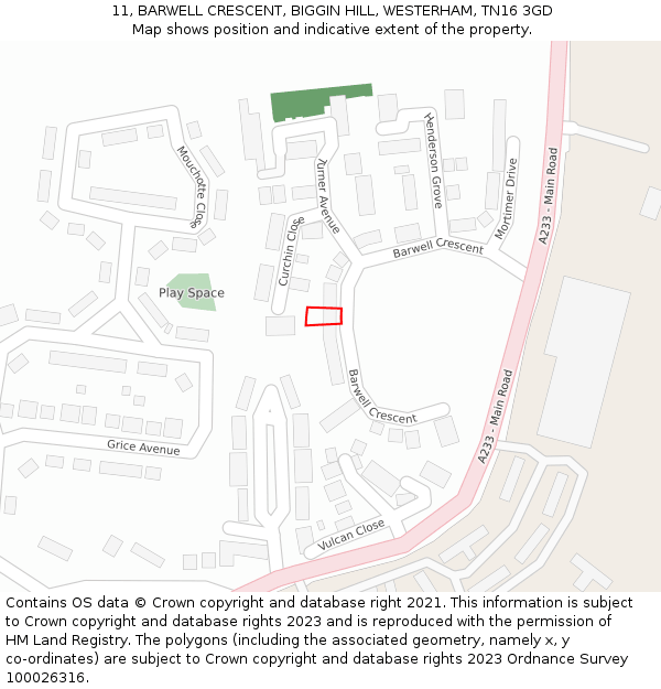 11, BARWELL CRESCENT, BIGGIN HILL, WESTERHAM, TN16 3GD: Location map and indicative extent of plot