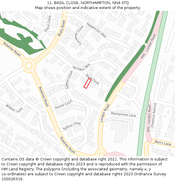 11, BASIL CLOSE, NORTHAMPTON, NN4 0TQ: Location map and indicative extent of plot