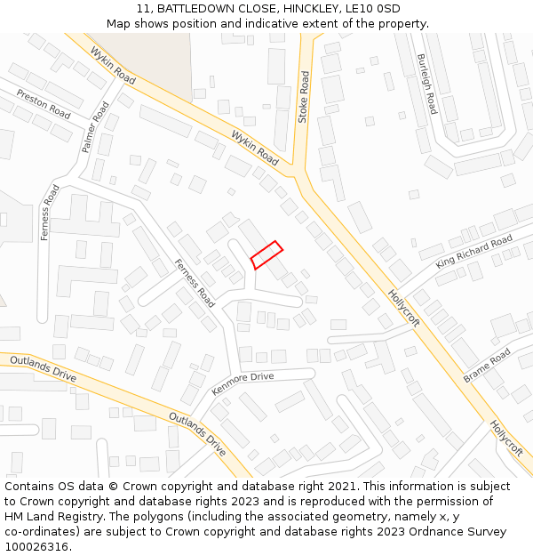 11, BATTLEDOWN CLOSE, HINCKLEY, LE10 0SD: Location map and indicative extent of plot