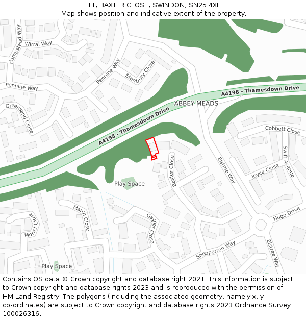 11, BAXTER CLOSE, SWINDON, SN25 4XL: Location map and indicative extent of plot