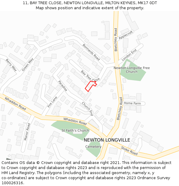 11, BAY TREE CLOSE, NEWTON LONGVILLE, MILTON KEYNES, MK17 0DT: Location map and indicative extent of plot