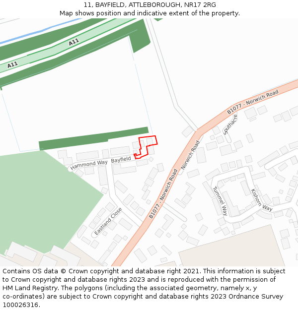 11, BAYFIELD, ATTLEBOROUGH, NR17 2RG: Location map and indicative extent of plot