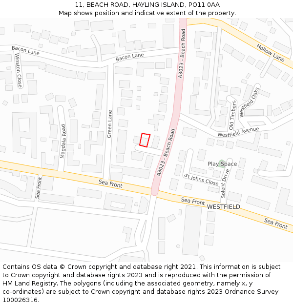 11, BEACH ROAD, HAYLING ISLAND, PO11 0AA: Location map and indicative extent of plot