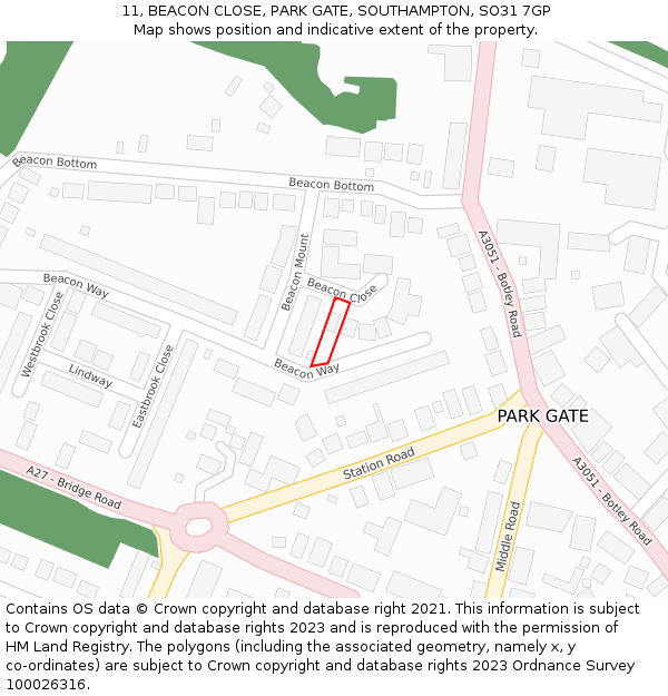 11, BEACON CLOSE, PARK GATE, SOUTHAMPTON, SO31 7GP: Location map and indicative extent of plot