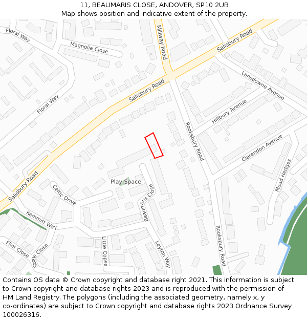 11, BEAUMARIS CLOSE, ANDOVER, SP10 2UB: Location map and indicative extent of plot