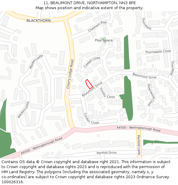 11, BEAUMONT DRIVE, NORTHAMPTON, NN3 8PE: Location map and indicative extent of plot