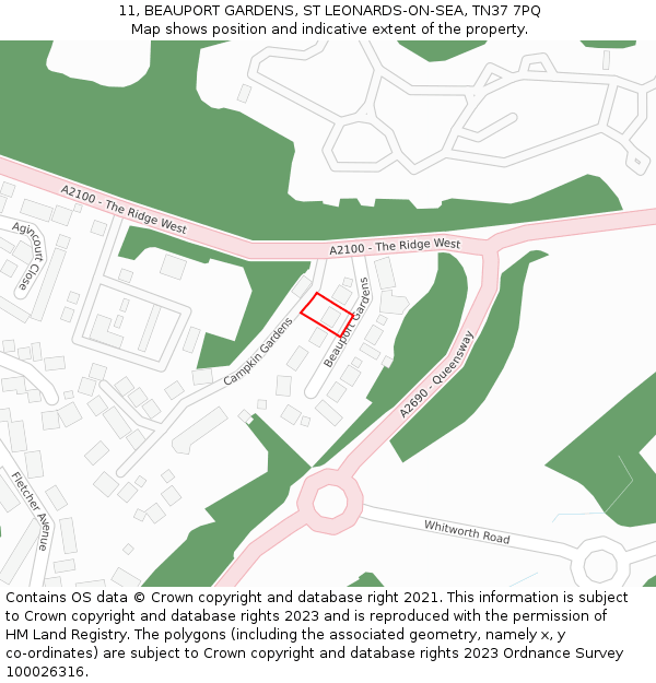 11, BEAUPORT GARDENS, ST LEONARDS-ON-SEA, TN37 7PQ: Location map and indicative extent of plot