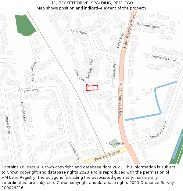 11, BECKETT DRIVE, SPALDING, PE11 1GQ: Location map and indicative extent of plot