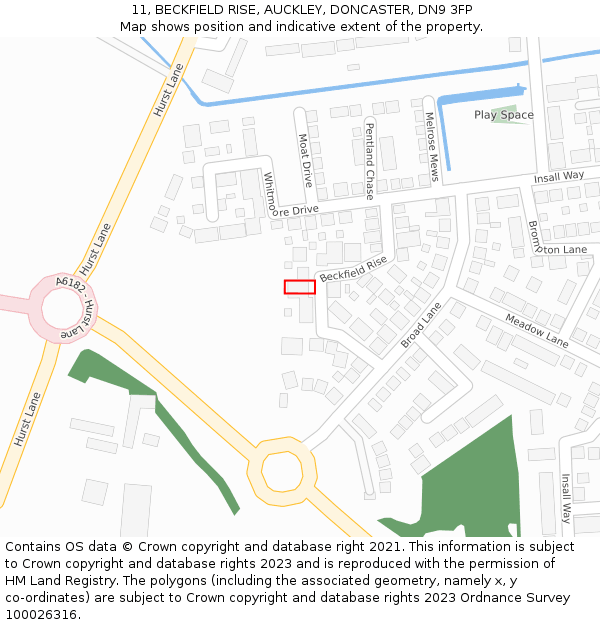 11, BECKFIELD RISE, AUCKLEY, DONCASTER, DN9 3FP: Location map and indicative extent of plot