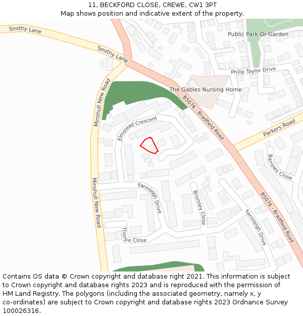 11, BECKFORD CLOSE, CREWE, CW1 3PT: Location map and indicative extent of plot