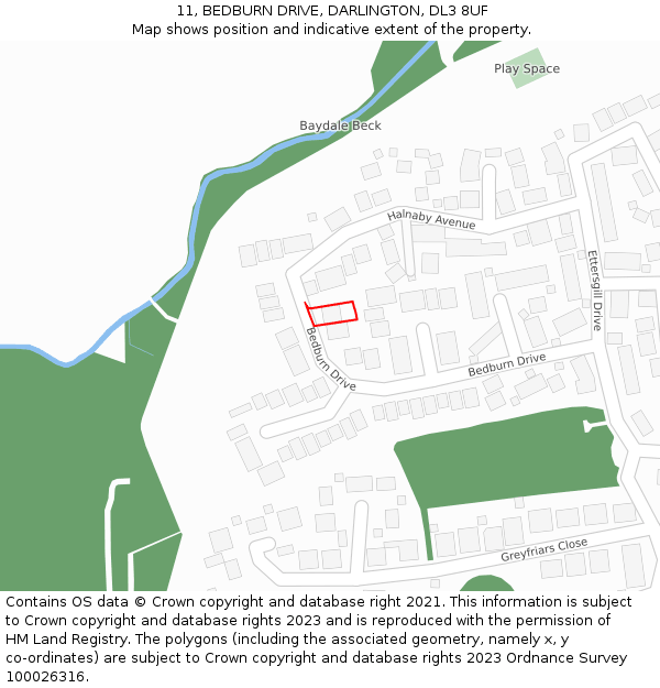 11, BEDBURN DRIVE, DARLINGTON, DL3 8UF: Location map and indicative extent of plot