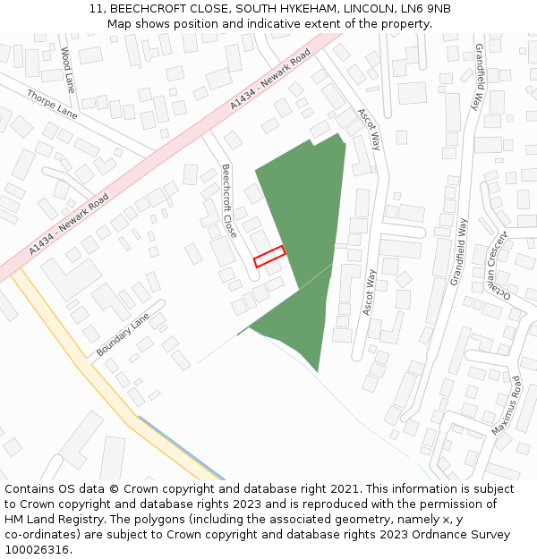 11, BEECHCROFT CLOSE, SOUTH HYKEHAM, LINCOLN, LN6 9NB: Location map and indicative extent of plot