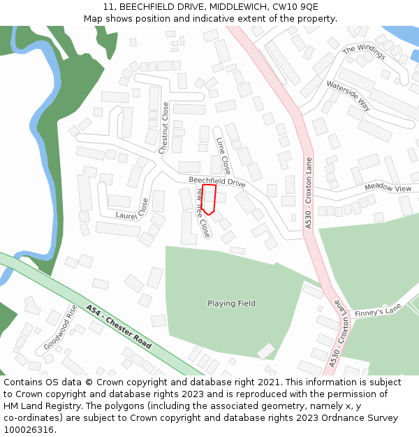 11, BEECHFIELD DRIVE, MIDDLEWICH, CW10 9QE: Location map and indicative extent of plot