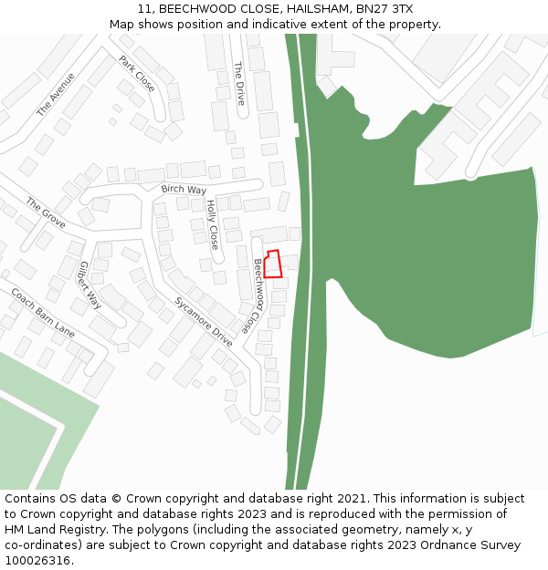 11, BEECHWOOD CLOSE, HAILSHAM, BN27 3TX: Location map and indicative extent of plot