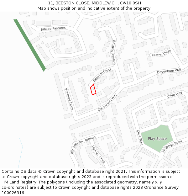 11, BEESTON CLOSE, MIDDLEWICH, CW10 0SH: Location map and indicative extent of plot